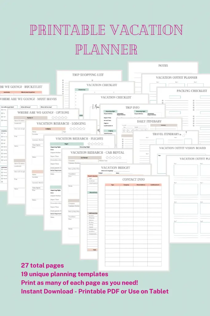 plan an organized and stress free vacation
Printable vacation planner
twenty seven total pages
nineteen unique planning templates
print as many of each page as you need
instant download - printable PDF or use on tablet